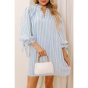 Sky Blue Stripe Knotted Bracelet Sleeve Notched Mini Dress - Size US 16-18